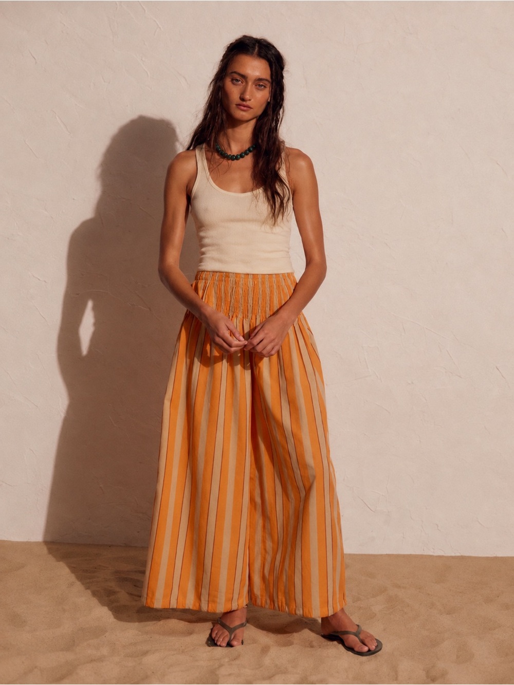 Free People Orange Stripe Smocked Waist Wide Leg Pant Cotton Poplin Small